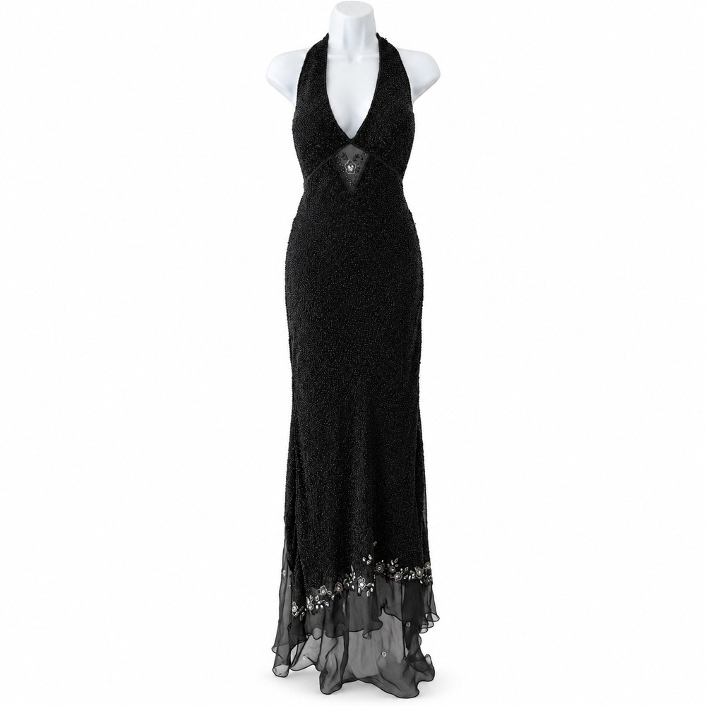 Y2K Scala Silk Beaded Halter Gown L Black Whimsigoth Fairy Grunge Prom Dress